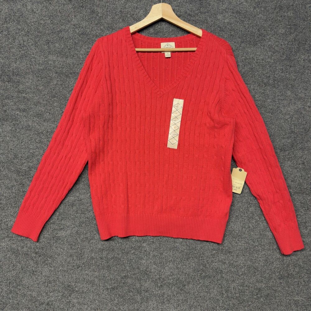 St Johns Bay Cable Knit V Neck Sweatshirt Womens XL Coral Red Pullover Preppy